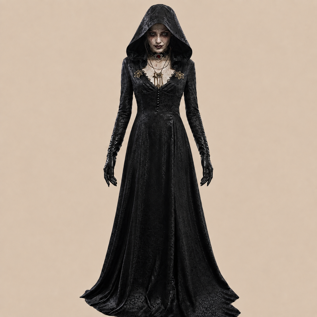 Long black hooded vampire dress with lace details, front view