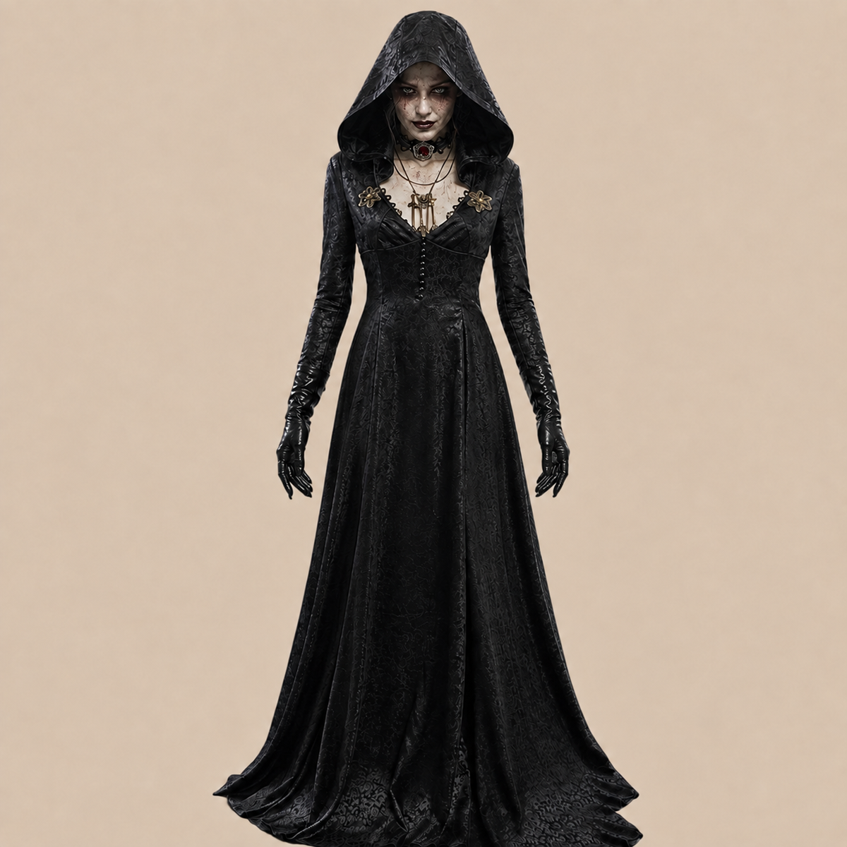 Long black hooded vampire dress with lace details, front view
