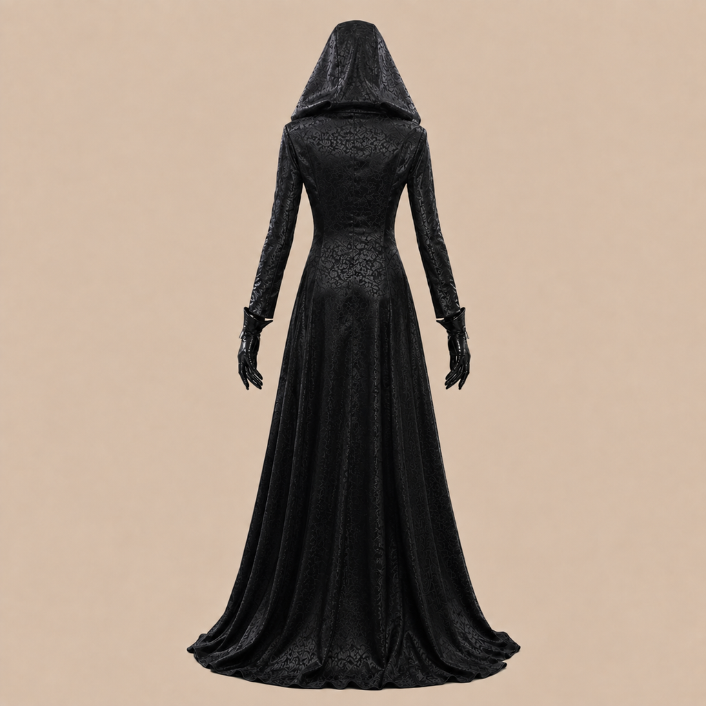 Long black hooded vampire dress with lace details, back view