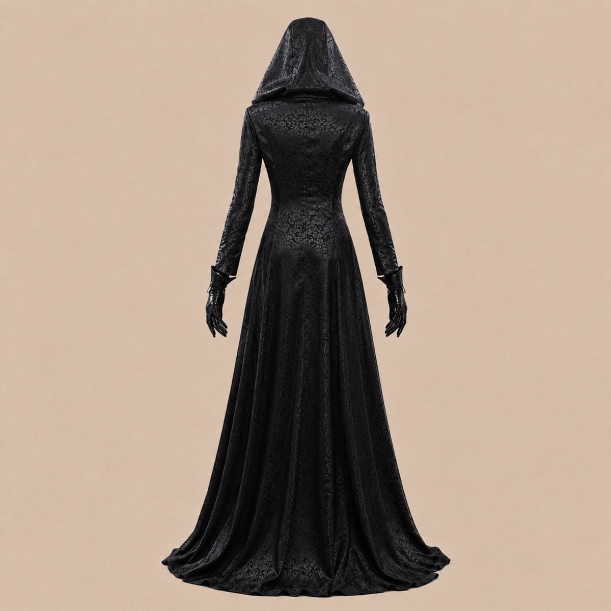 Long black hooded vampire dress with lace details, back view