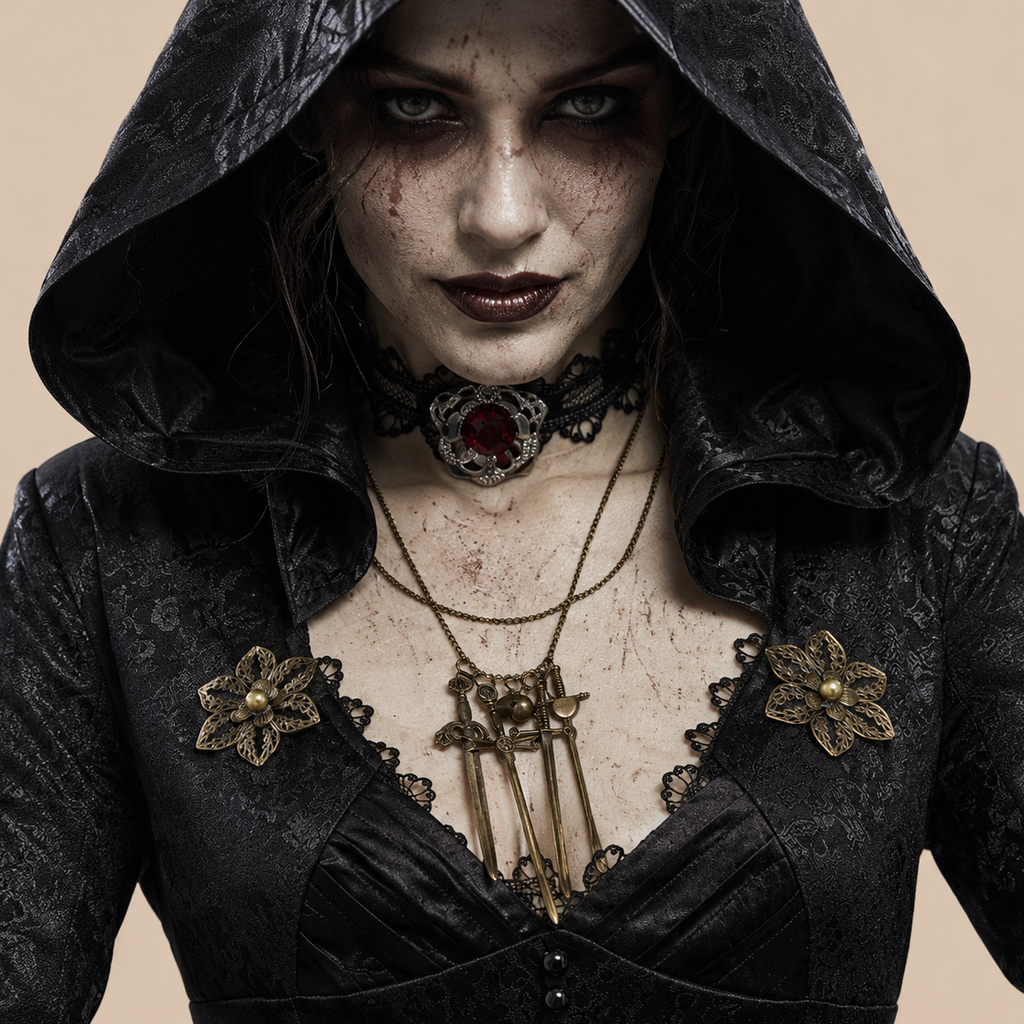 Long black hooded vampire dress with lace details, neckline details