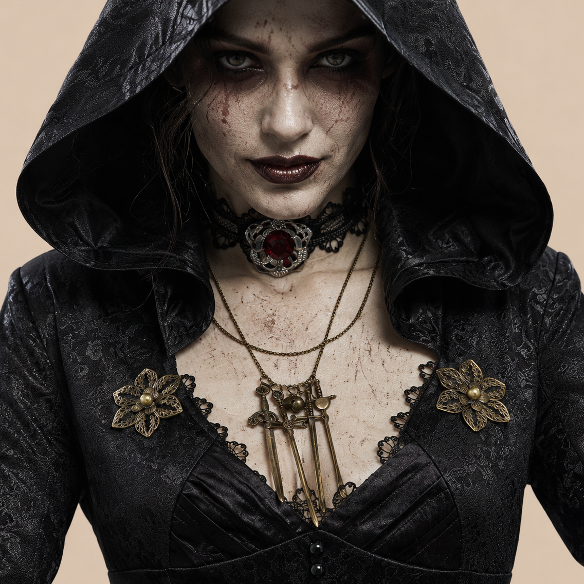 Long black hooded vampire dress with lace details, neckline details