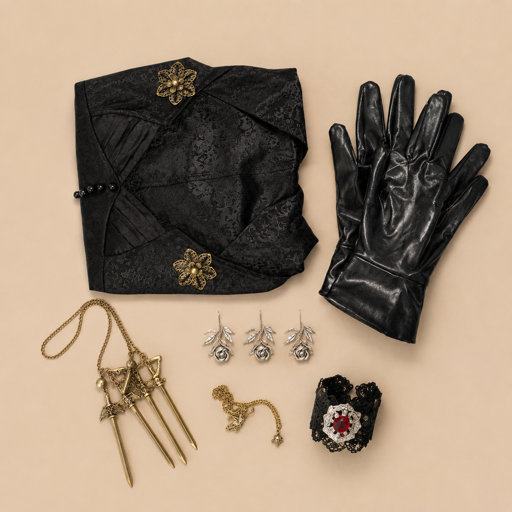 Folded black costume fabric and styling accessories, laid flat