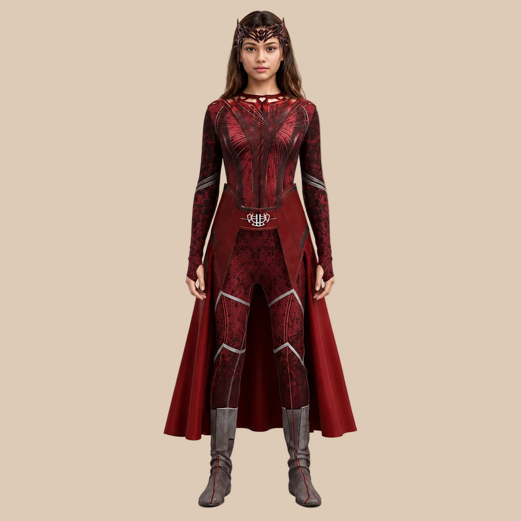 Girl’s dark red costume with printed bodice and trailing panels, front view