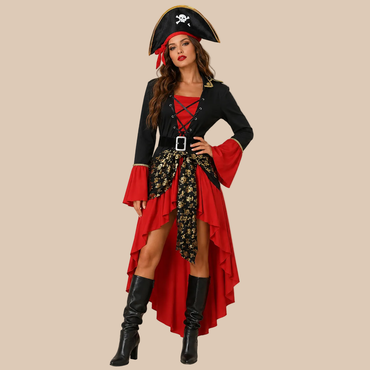 Women’s pirate dress with red high-low skirt and black bodice, front view