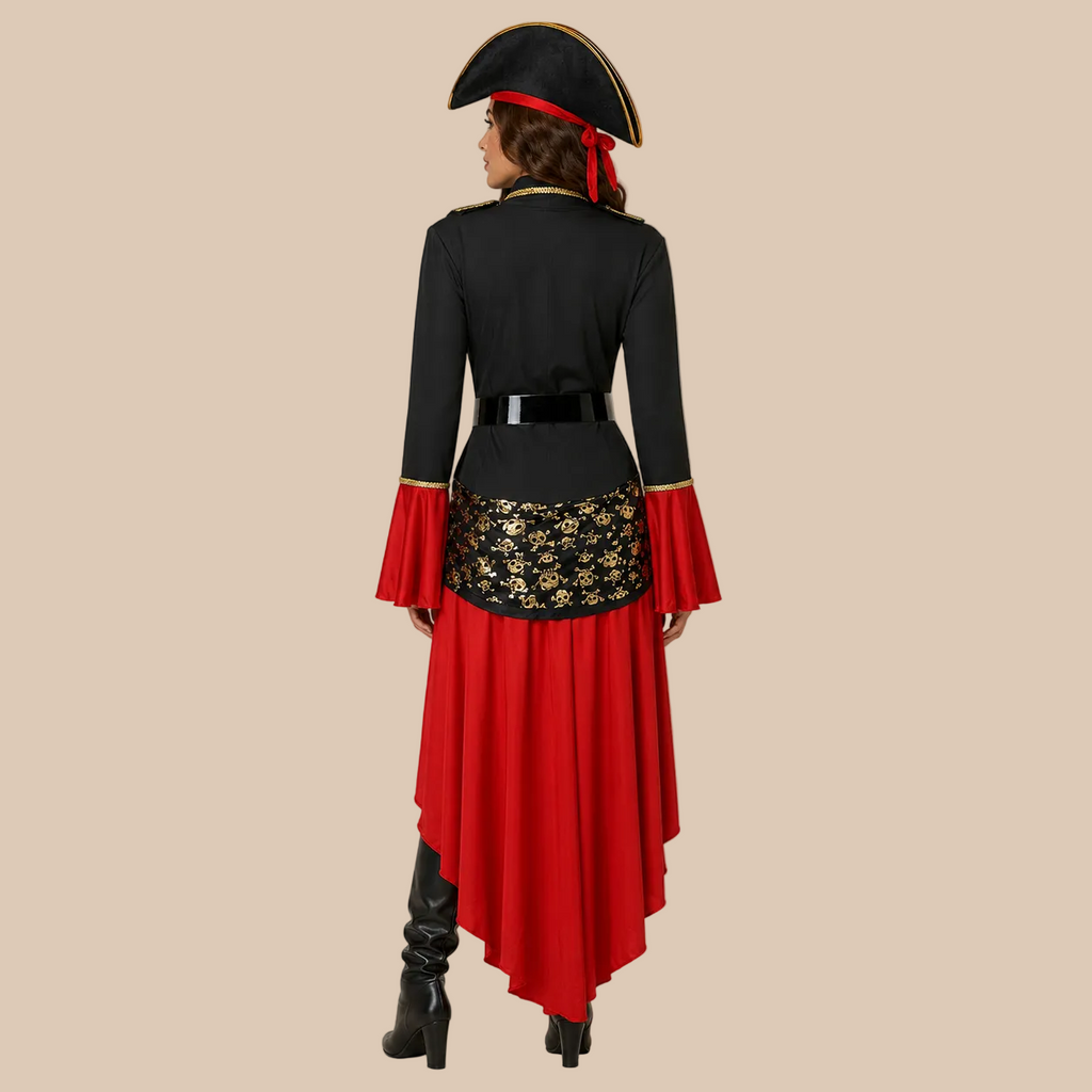 Women’s pirate dress with red high-low skirt and black bodice, back view