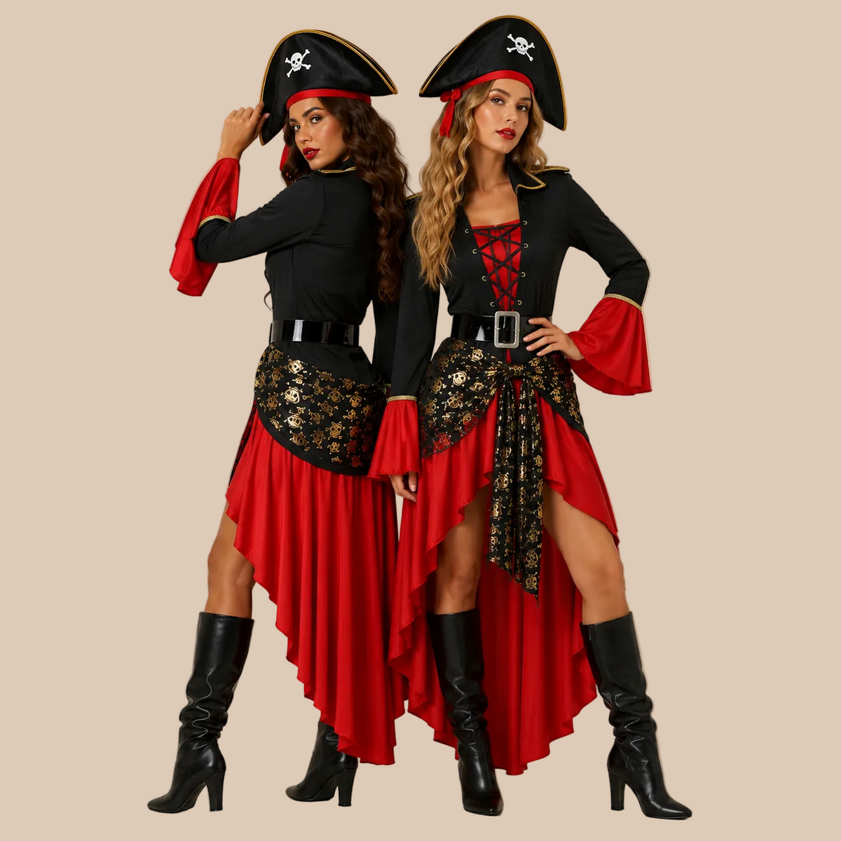 Women’s pirate dress with red high-low skirt and black bodice, shown in two poses