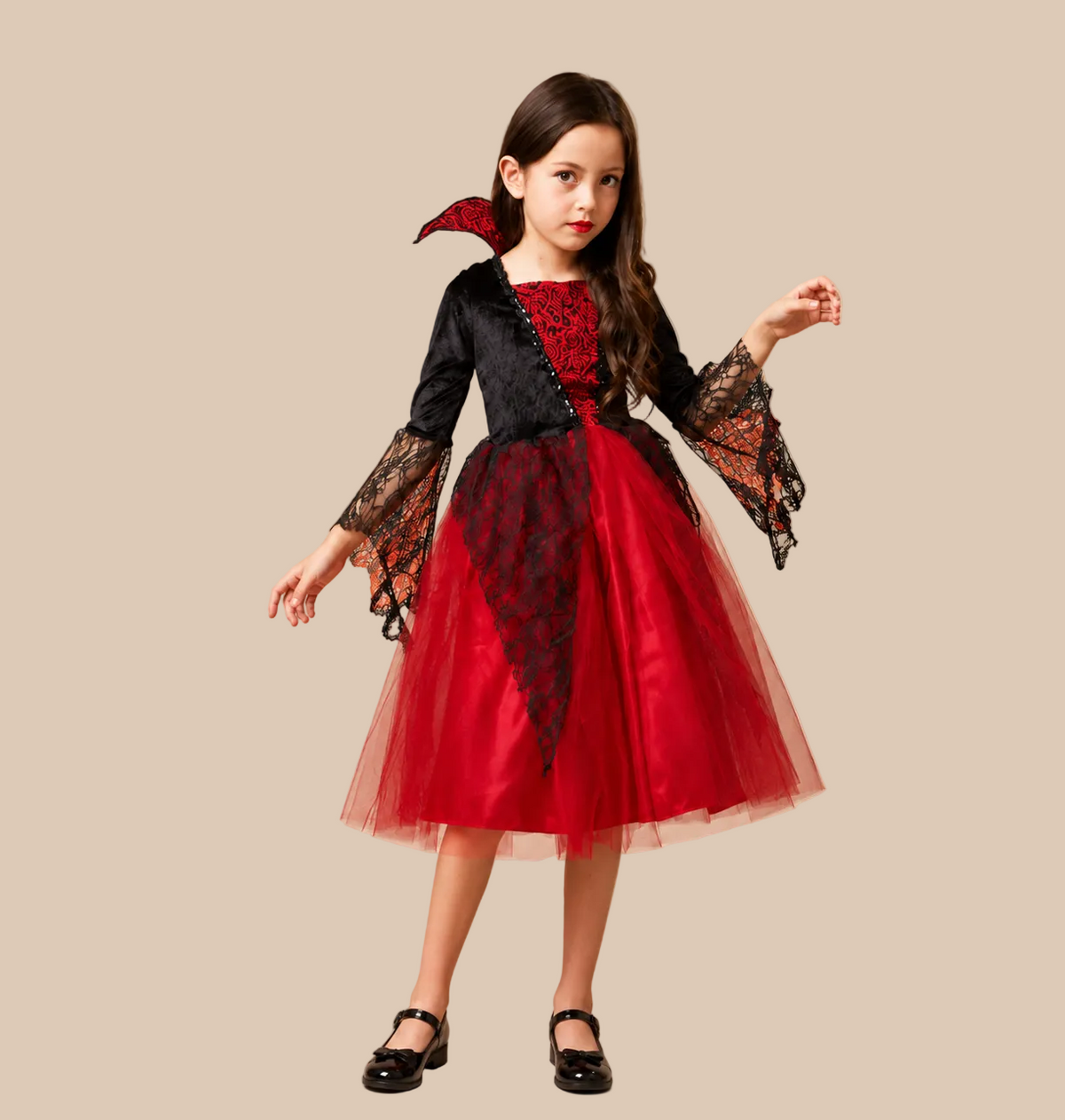 Girl’s red and black vampire dress with lace sleeves, front view