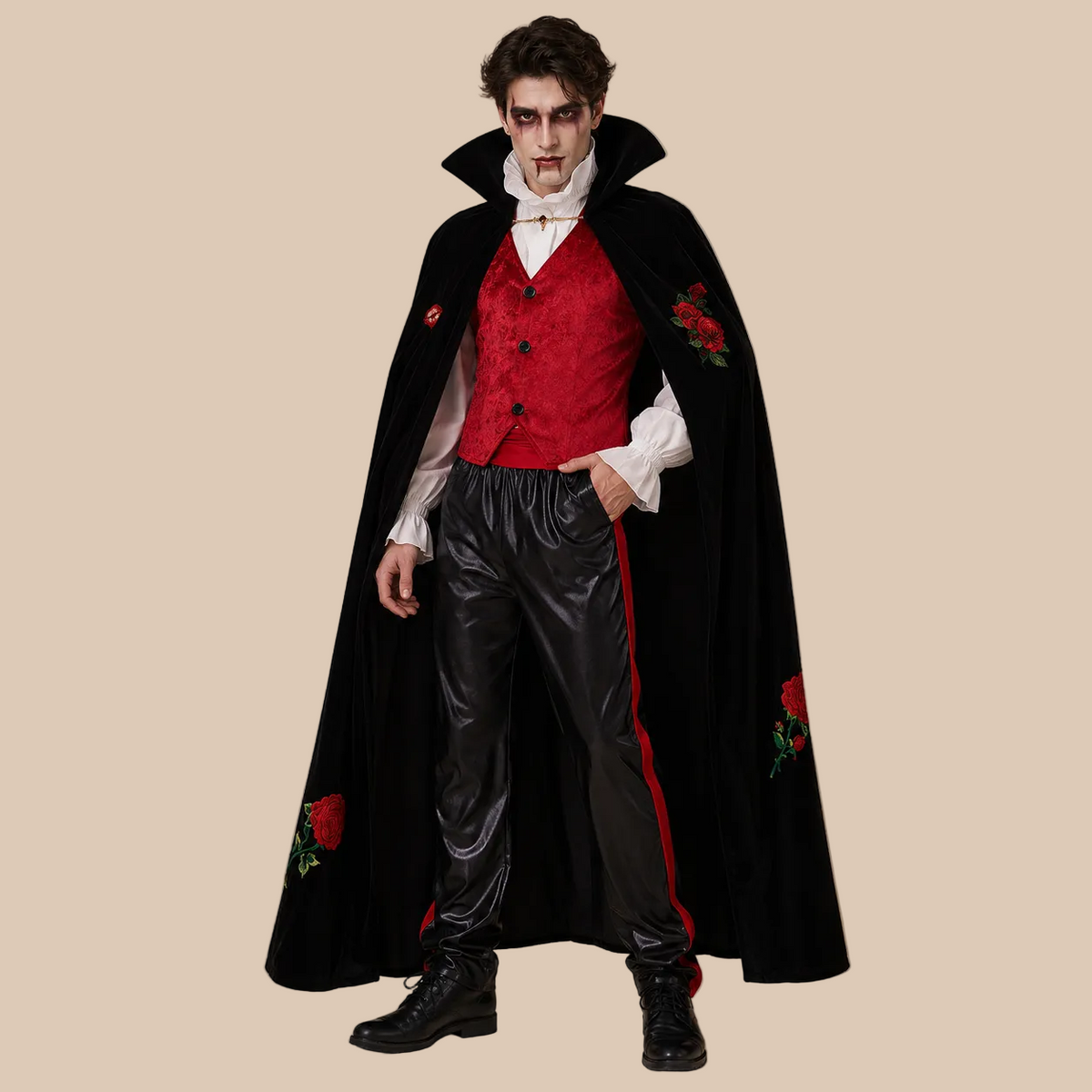 Men’s vampire costume with black cape and red waistcoat, front view