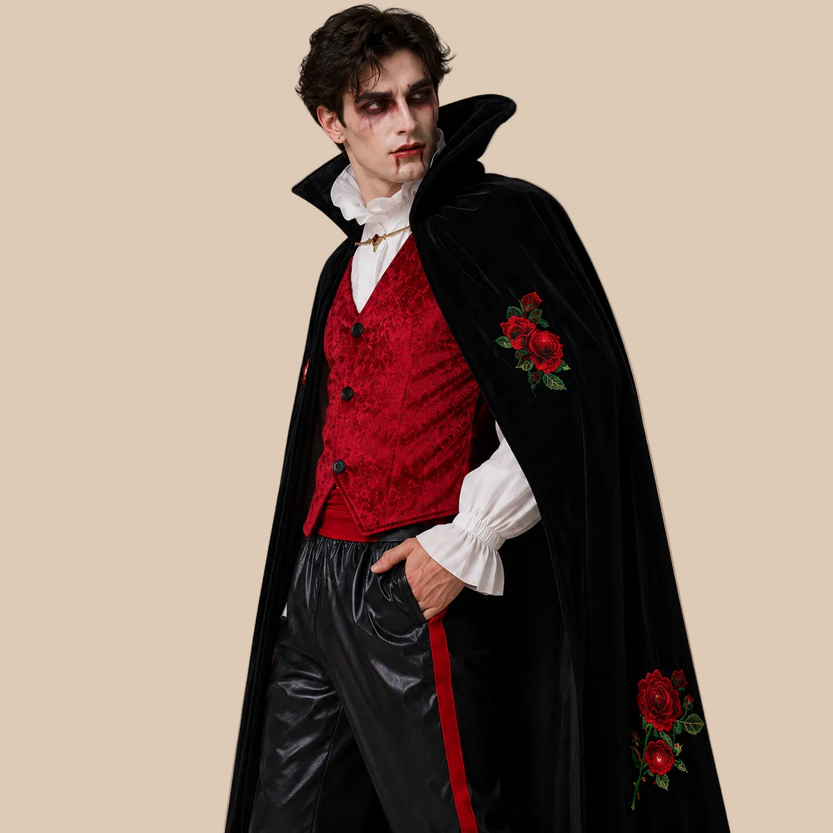 Men’s vampire costume with black cape and red waistcoat, alternate front view