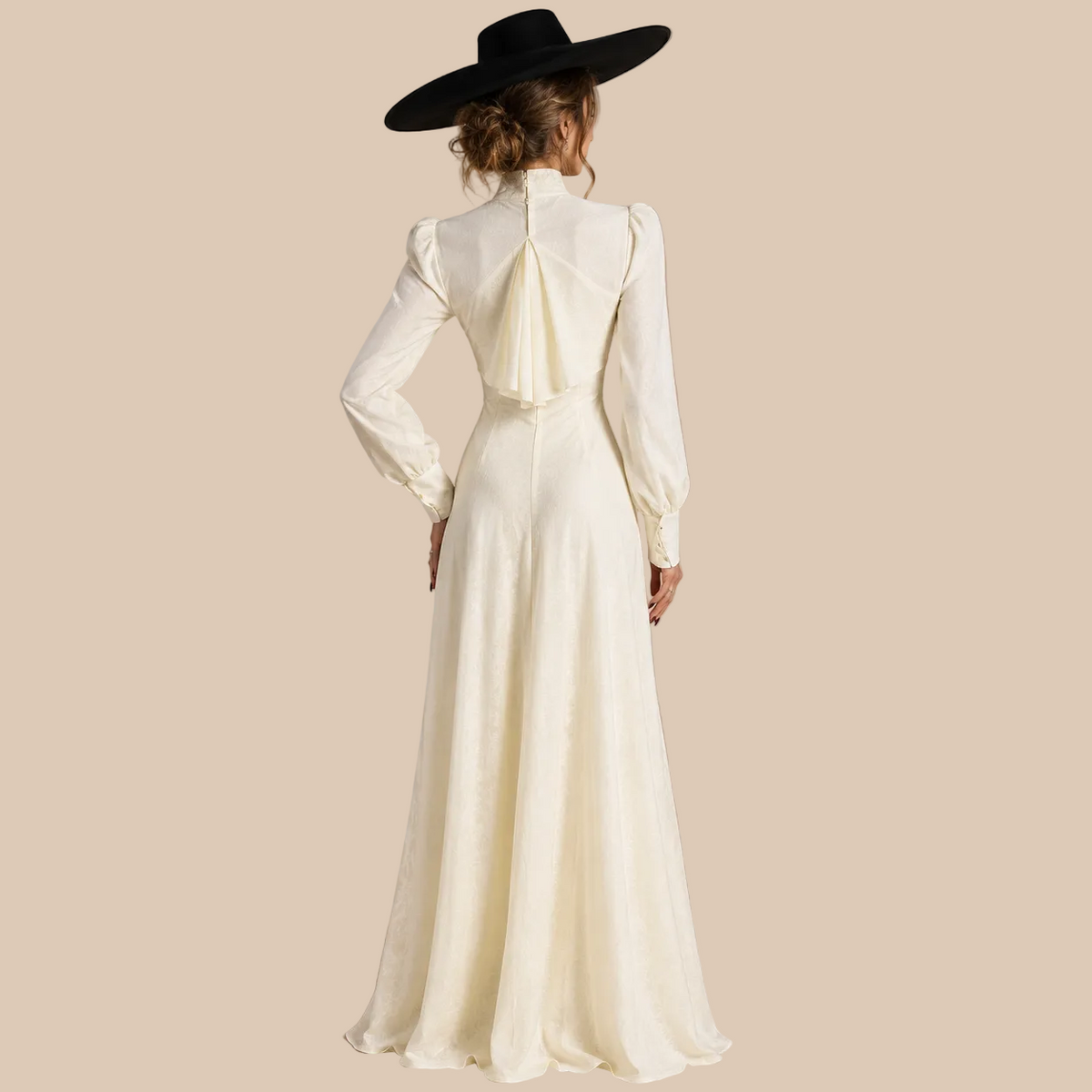 Long white dress with gathered waist and sleeves, back view