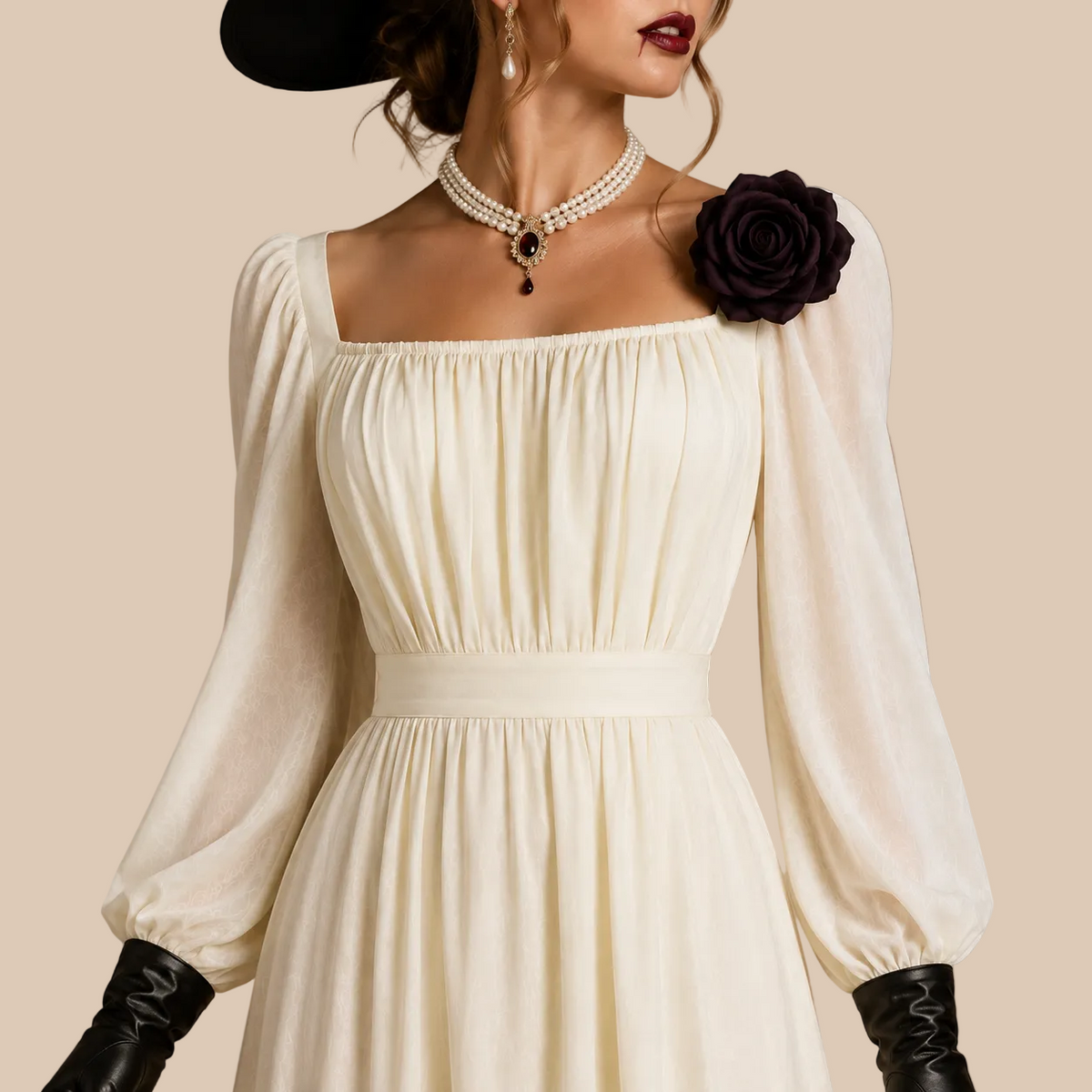 Long white dress with gathered waist and sleeves, bodice details