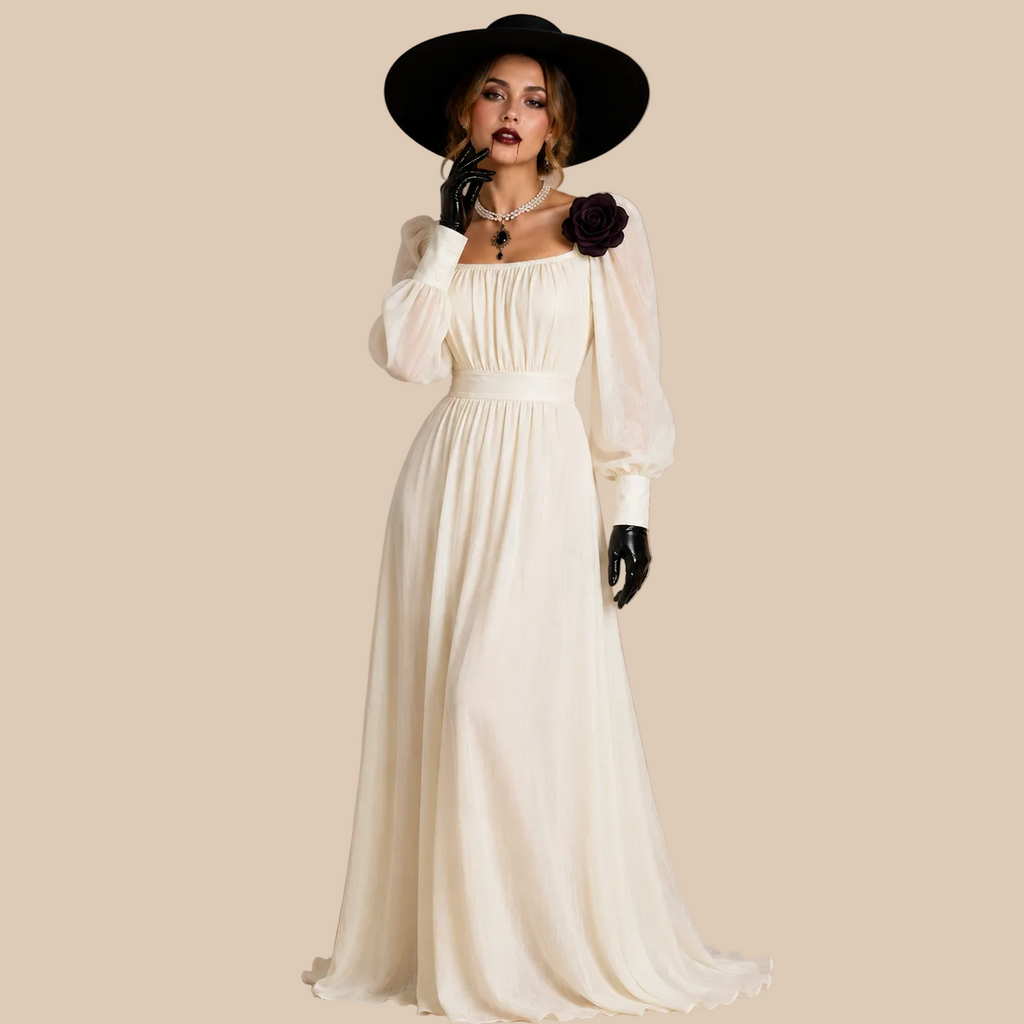 Long white dress with gathered waist and sleeves, alternate front view