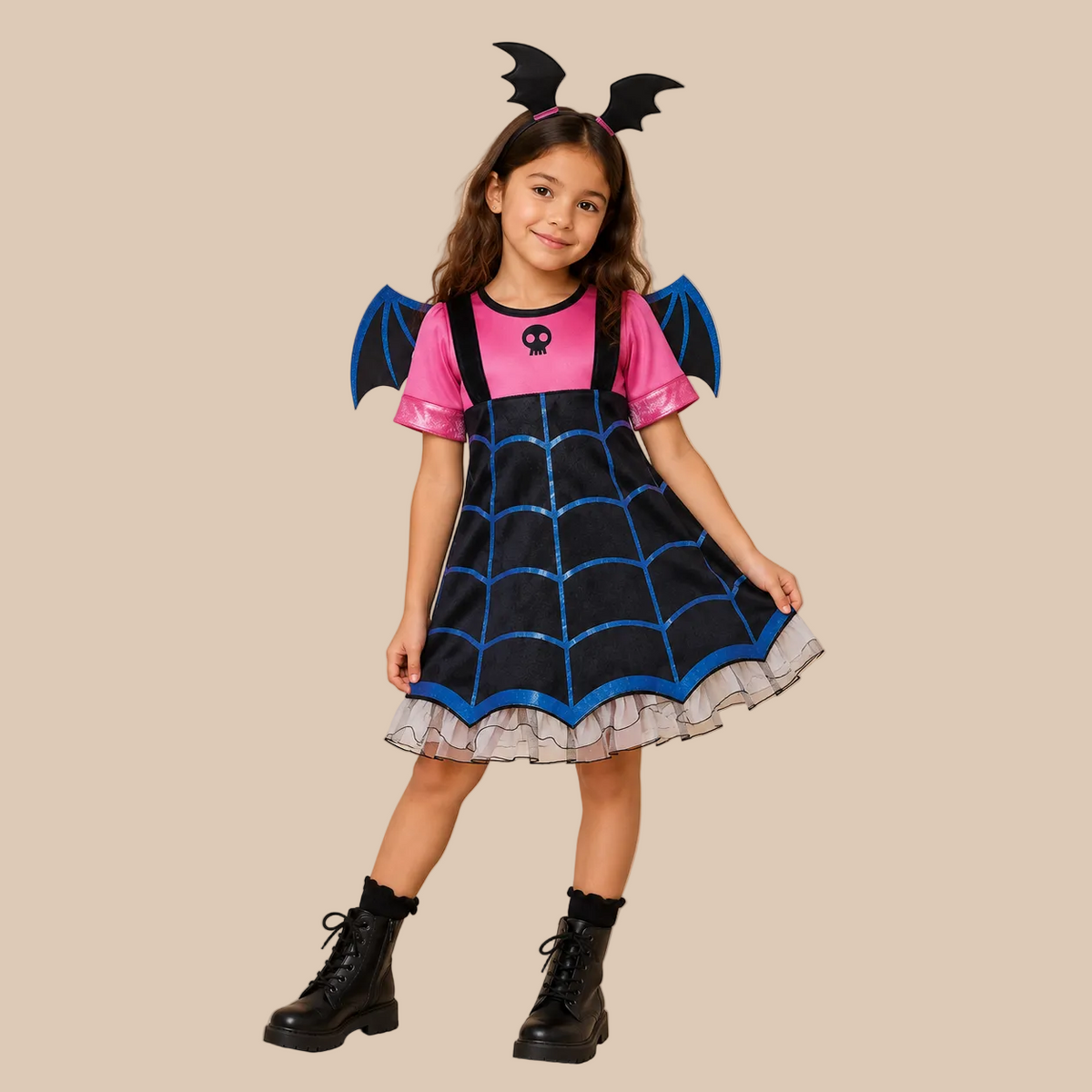 Girl’s vampire dress with pink top and spiderweb skirt, front view