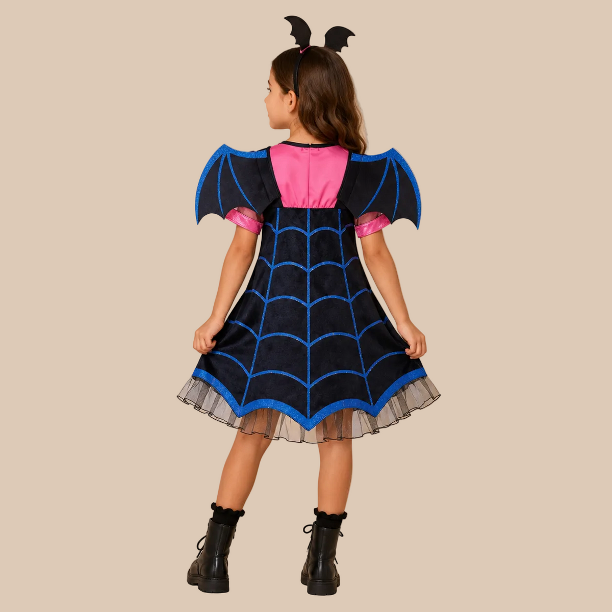 Girl’s vampire dress with pink top and spiderweb skirt, back view