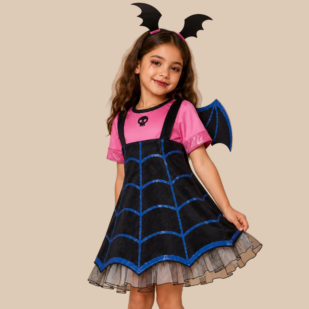 Girl’s vampire dress with pink top and spiderweb skirt, skirt shown spread out