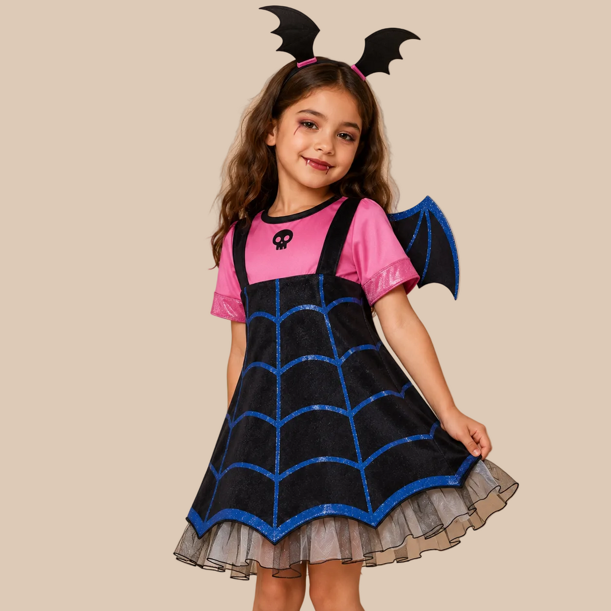 Girl’s vampire dress with pink top and spiderweb skirt, skirt shown spread out