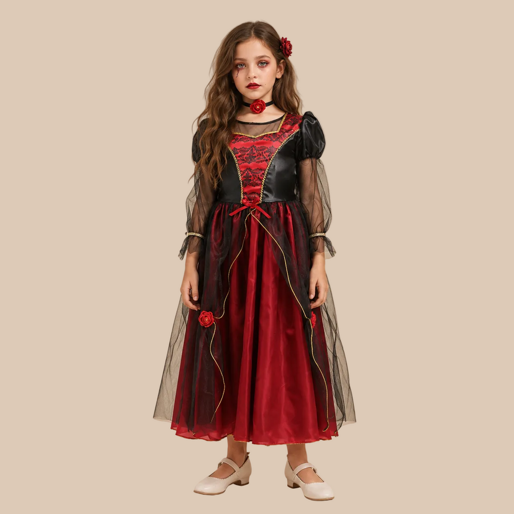Girl’s dark red vampire dress with black sheer sleeves, front view