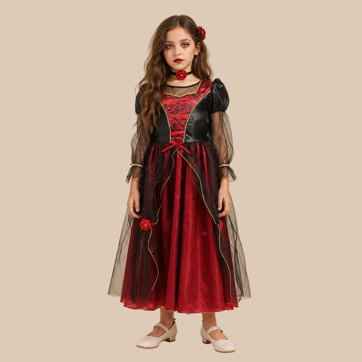 Girl’s dark red vampire dress with black sheer sleeves, front view