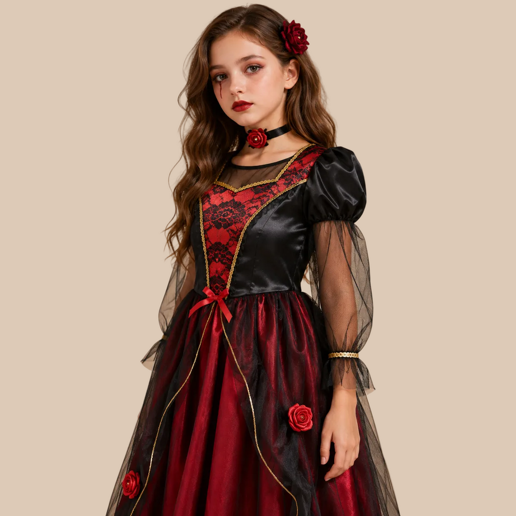 Girl’s dark red vampire dress with black sheer sleeves, bodice details