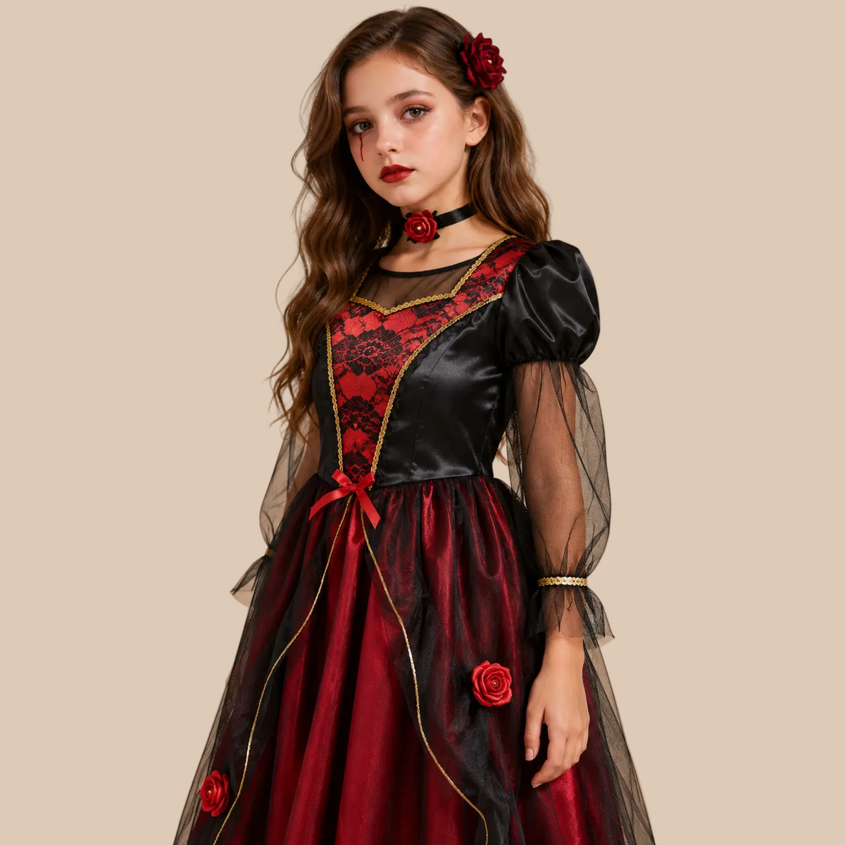 Girl’s dark red vampire dress with black sheer sleeves, bodice details