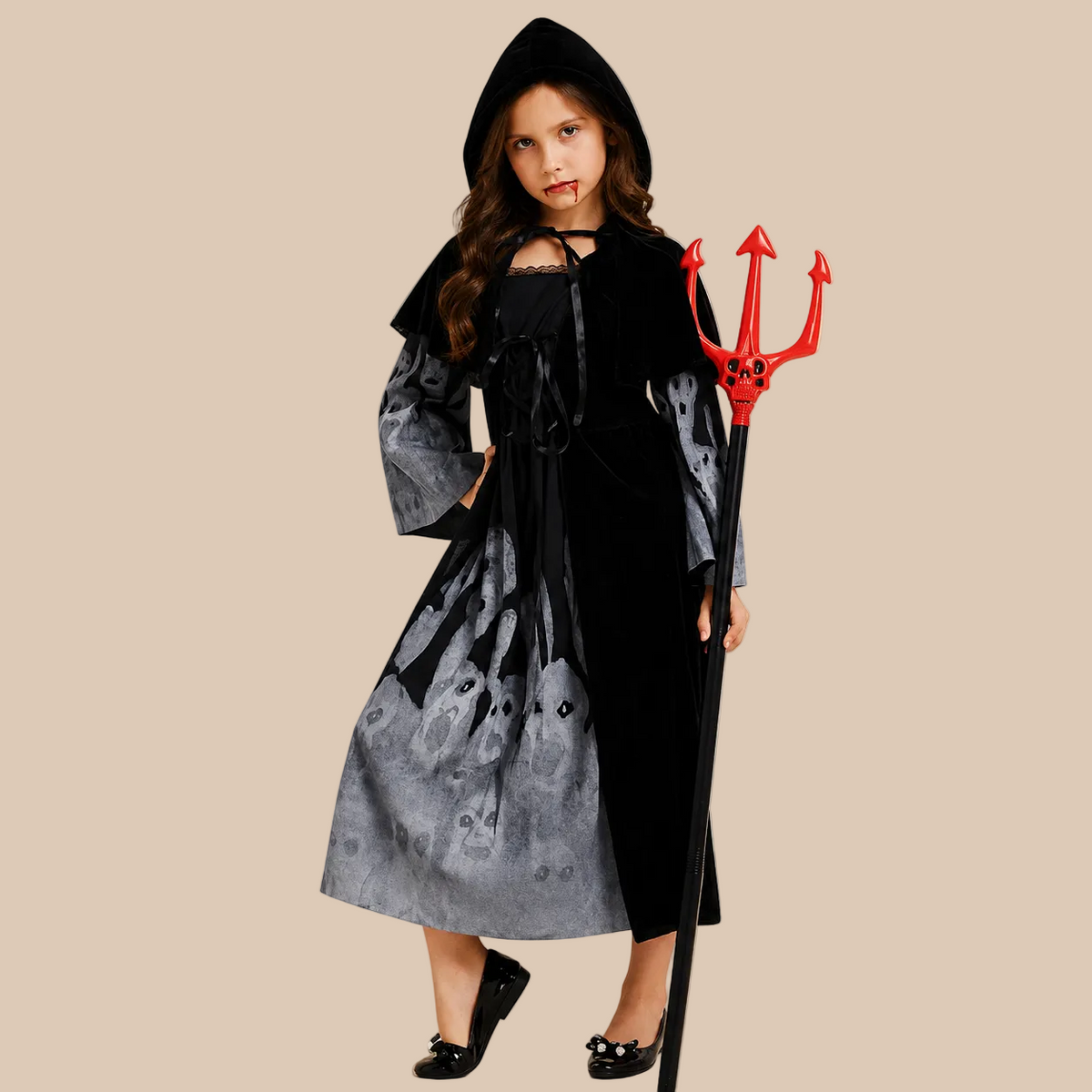 Child’s black hooded costume with patterned grey panels, front view