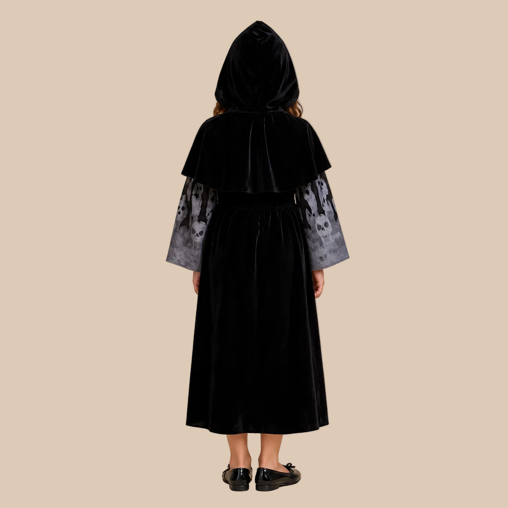 Child’s black hooded costume with patterned grey panels, back view