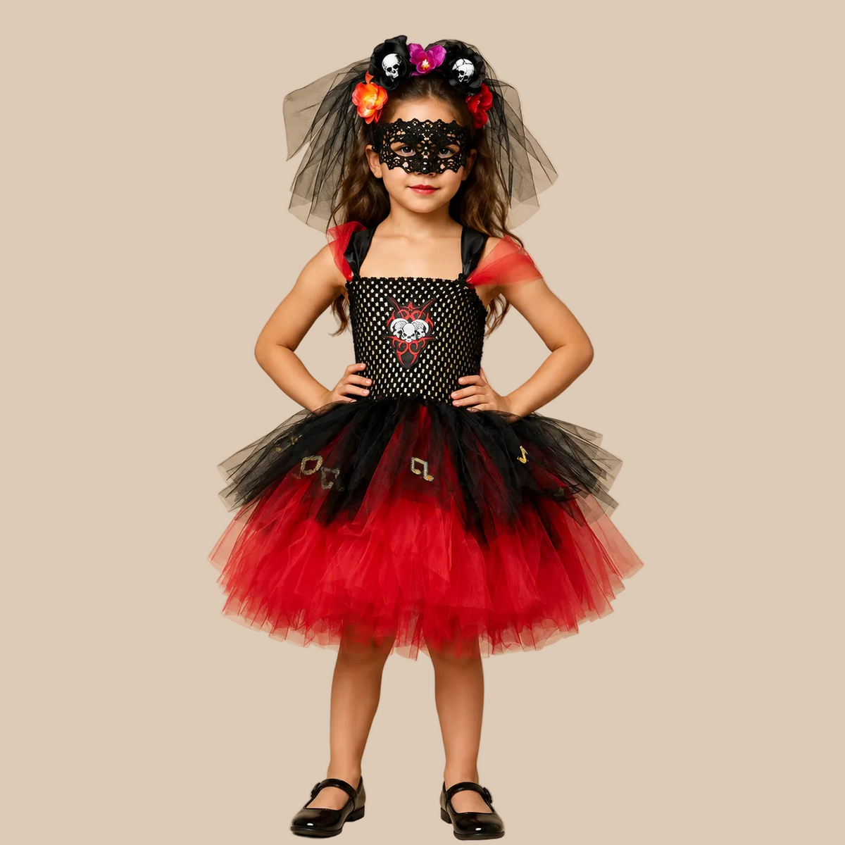 Girl’s red and black tulle dress with a skull motif, front view