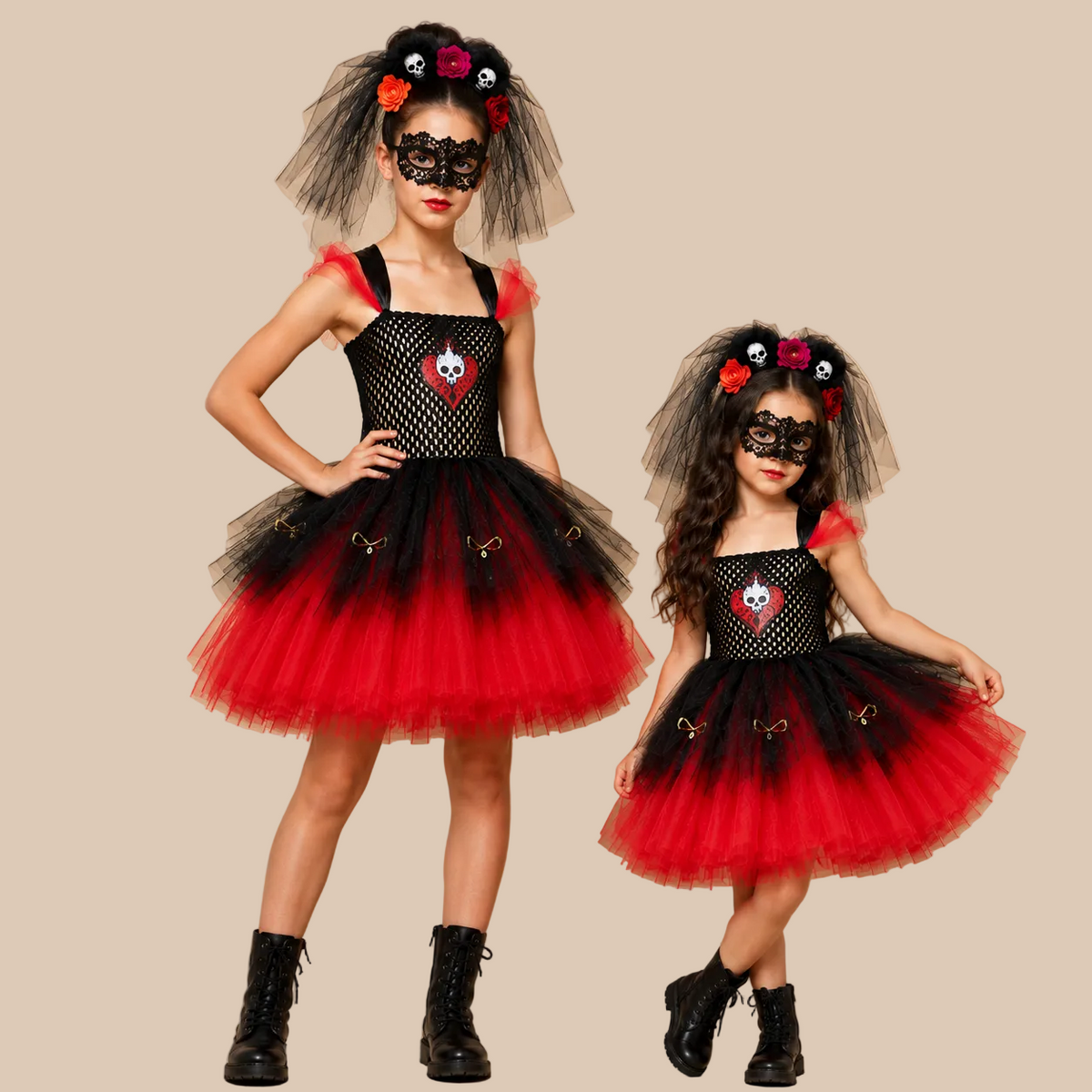 Girl’s red and black tulle dress with a skull motif, shown in two poses