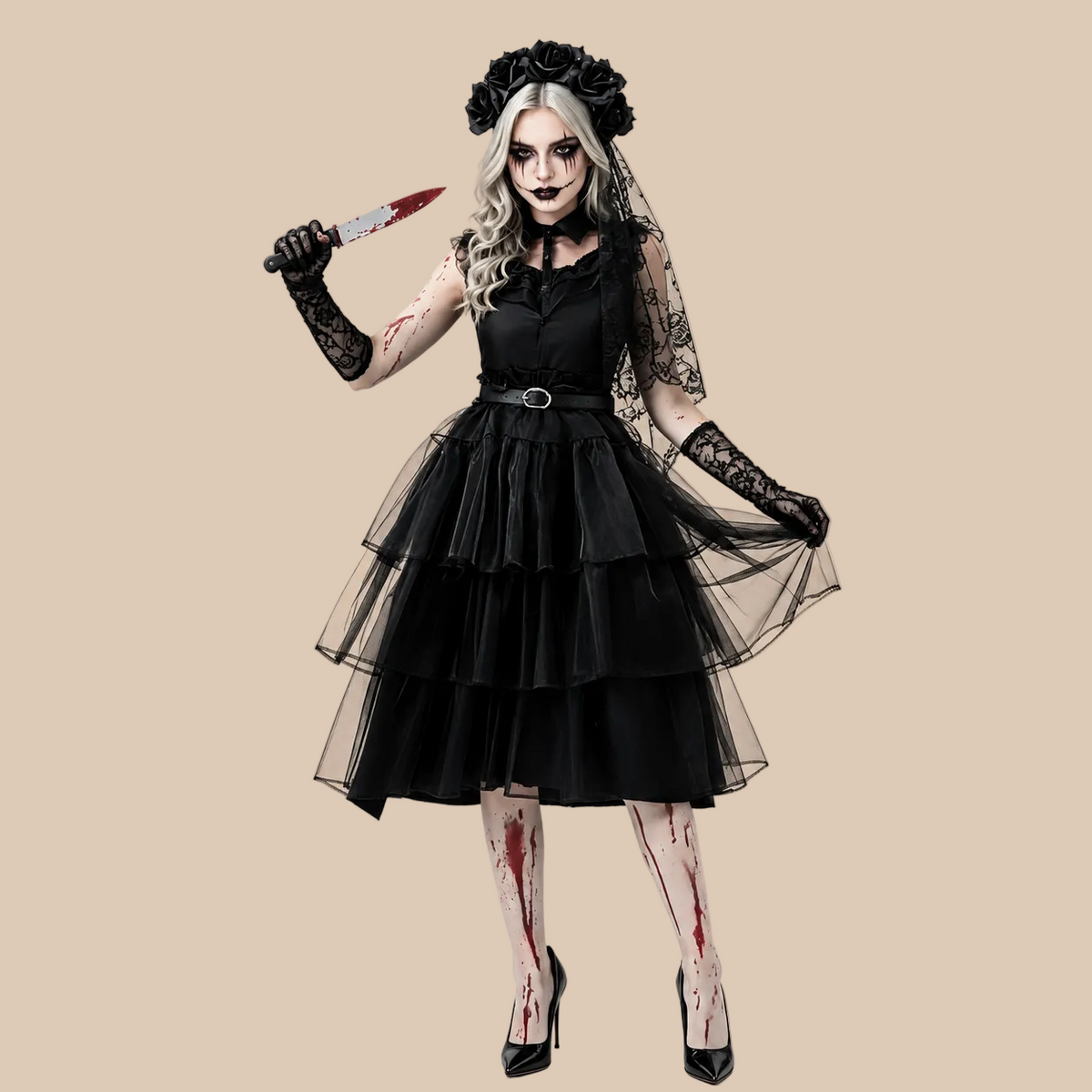 Women’s black gothic dress with tiered tulle skirt, alternate front view