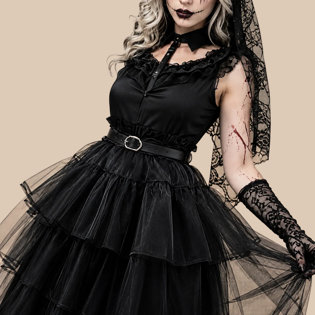 Women’s black gothic dress with tiered tulle skirt, skirt shown spread out