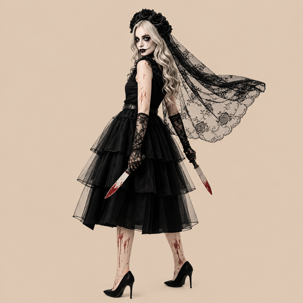 Women’s black gothic dress with tiered tulle skirt, side view