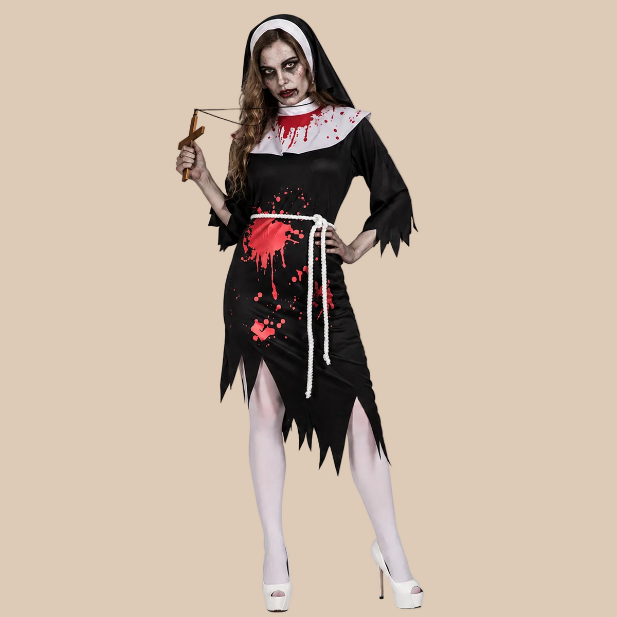 Women’s black zombie nun costume with blood-print details, front view