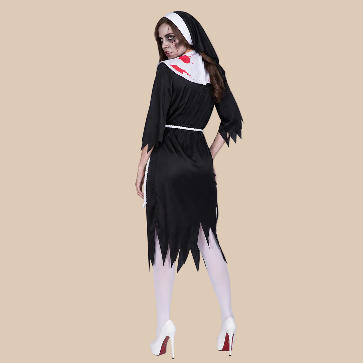 Women’s black zombie nun costume with blood-print details, back view