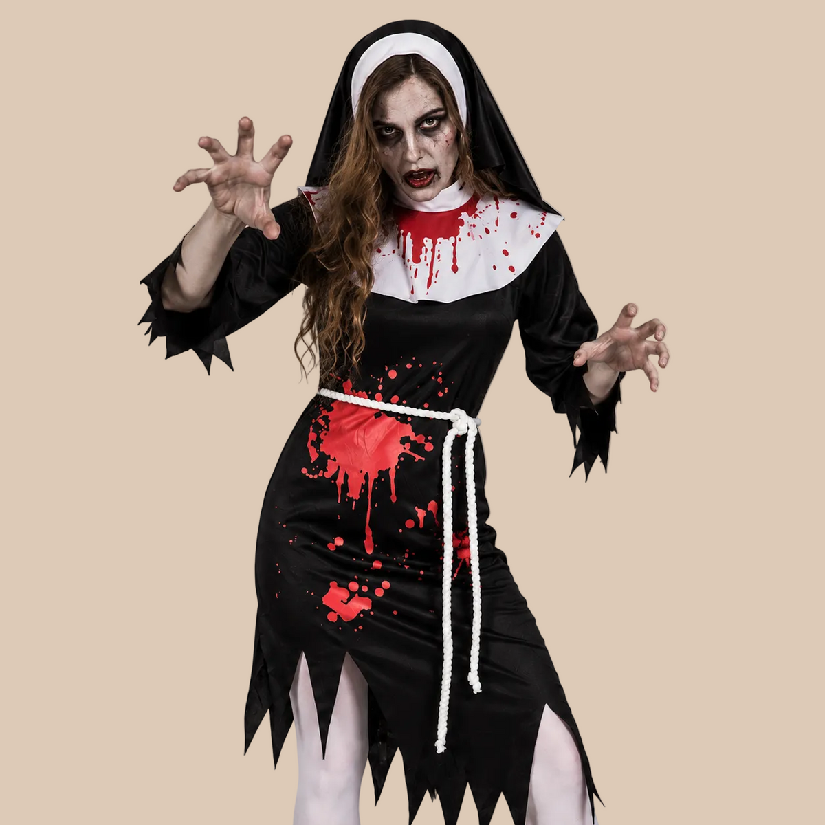 Women’s black zombie nun costume with blood-print details, bodice details