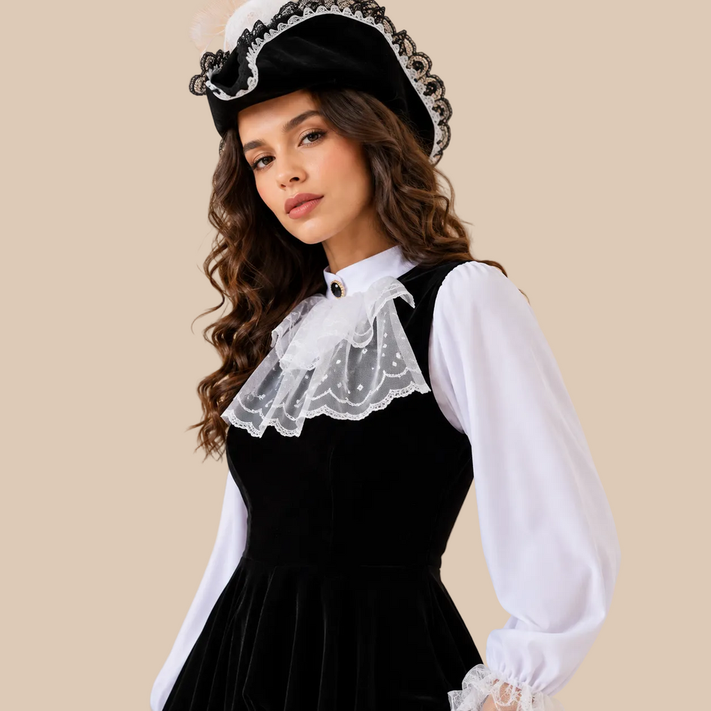 Women’s black and white pirate dress with ruffled details, neckline details