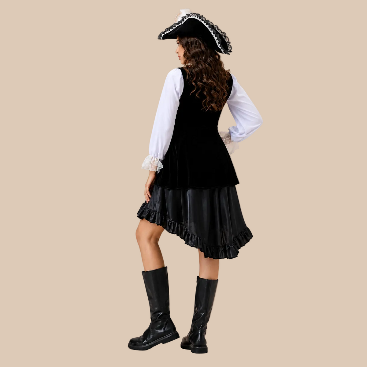 Women’s black and white pirate dress with ruffled details, back view