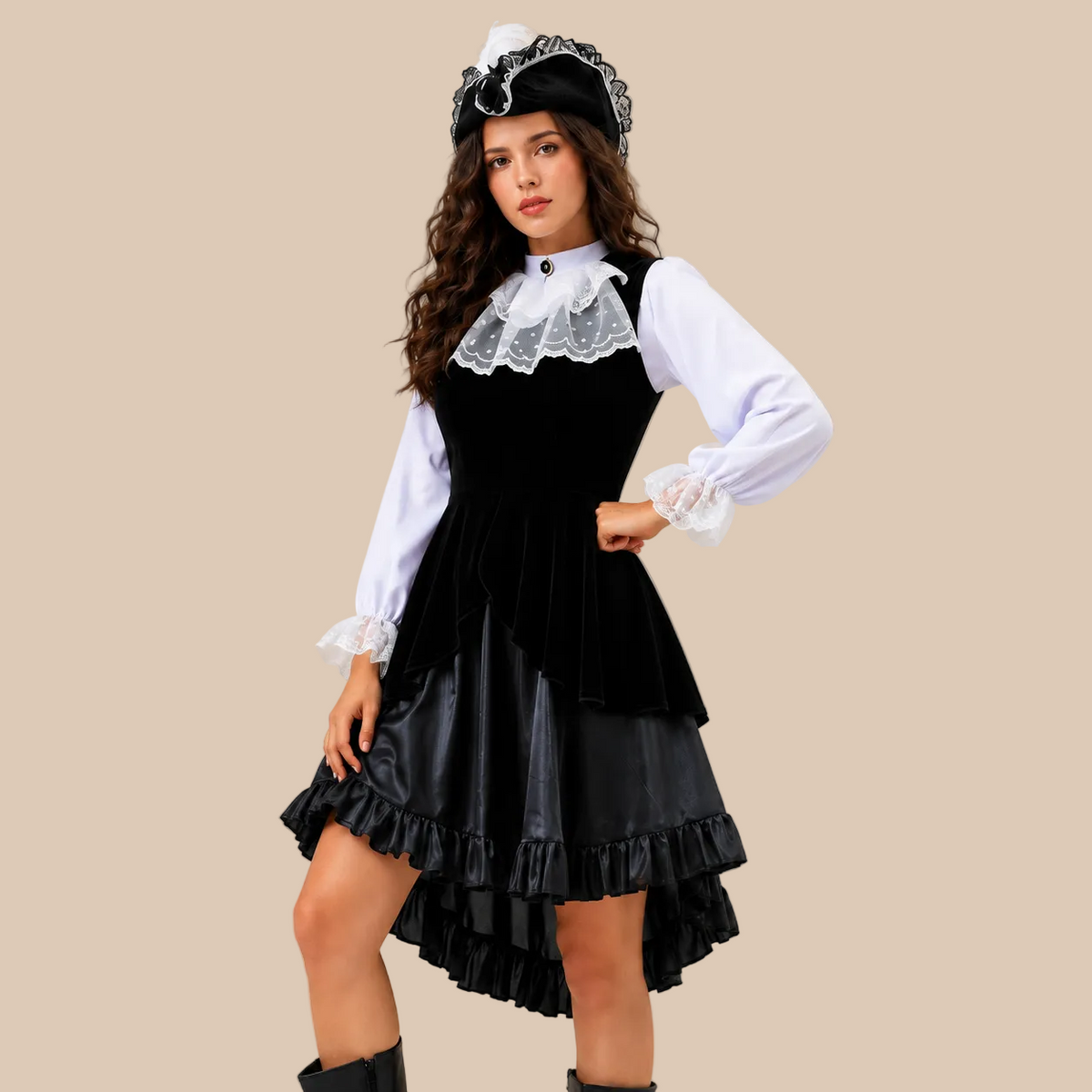 Women’s black and white pirate dress with ruffled details, front view
