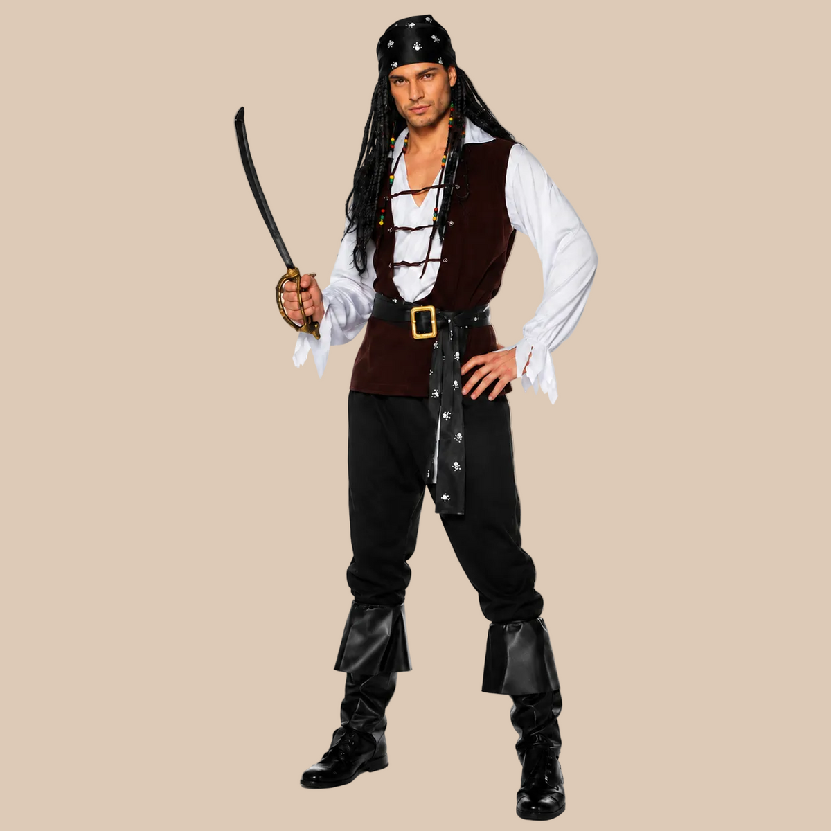 Men’s pirate outfit with contrasting waistcoat, front view