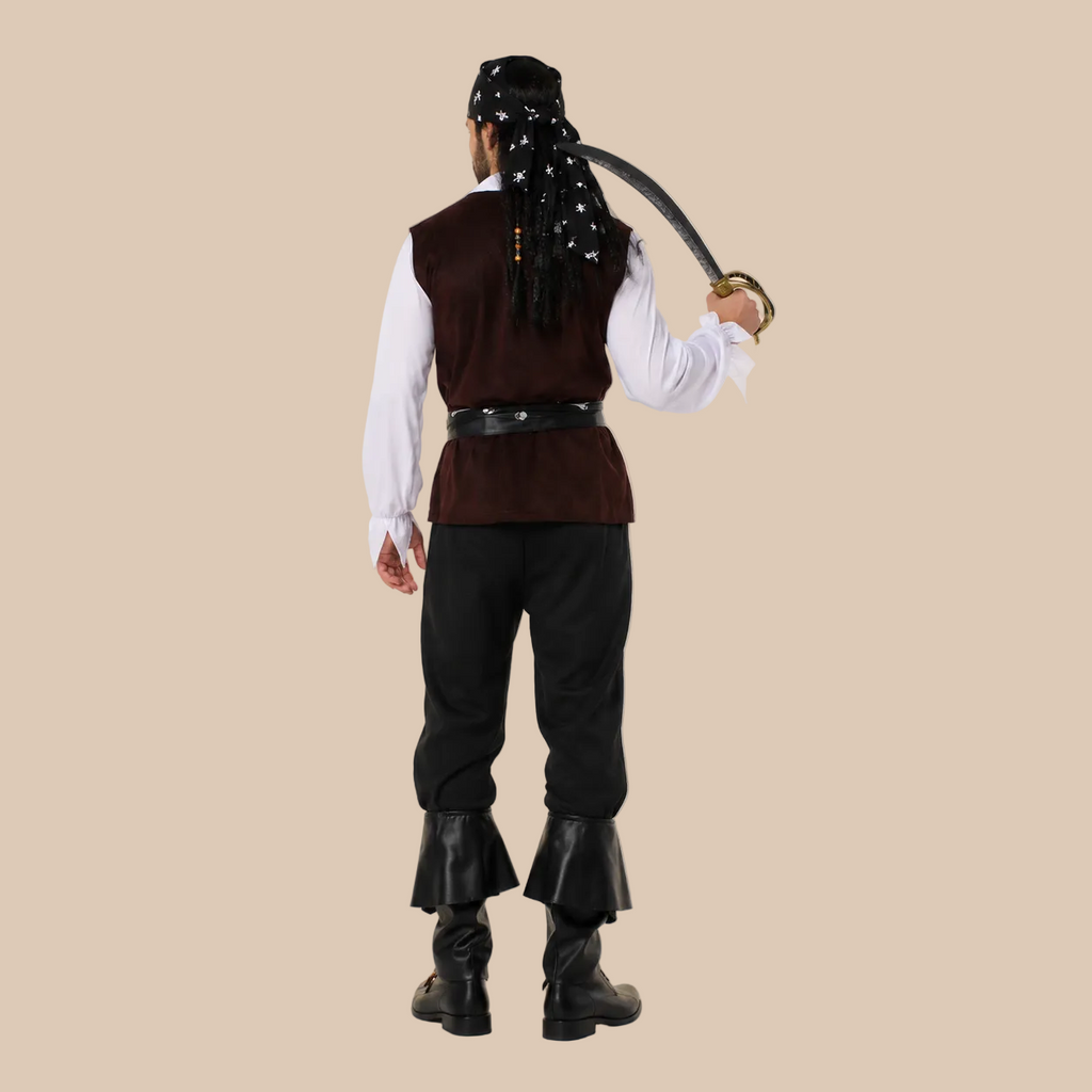 Men’s pirate outfit with contrasting waistcoat, back view