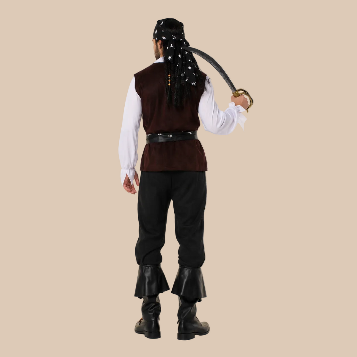 Men’s pirate outfit with contrasting waistcoat, back view