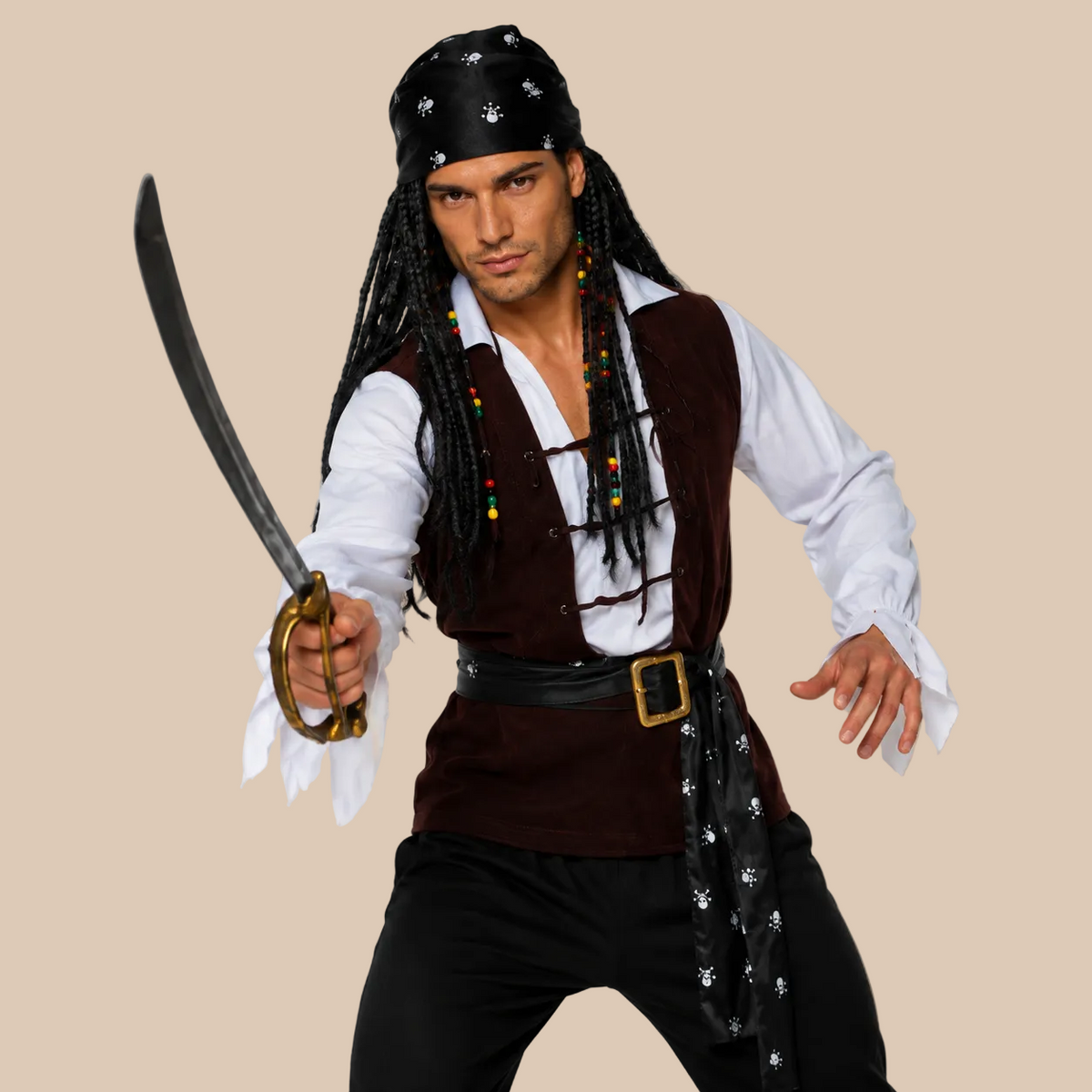 Men’s pirate outfit with contrasting waistcoat, bodice details