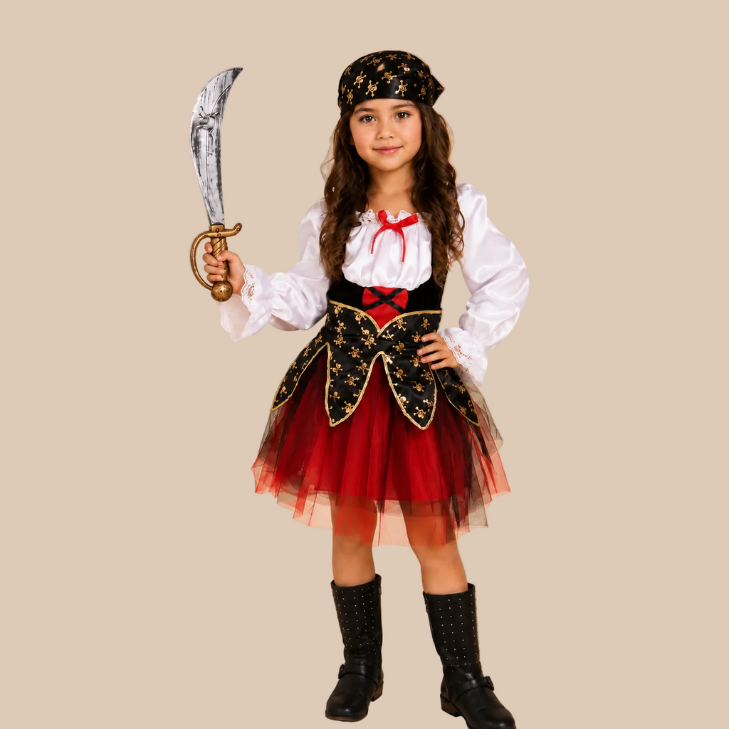 Girl’s pirate dress with red skirt and gold-tone trim, front view