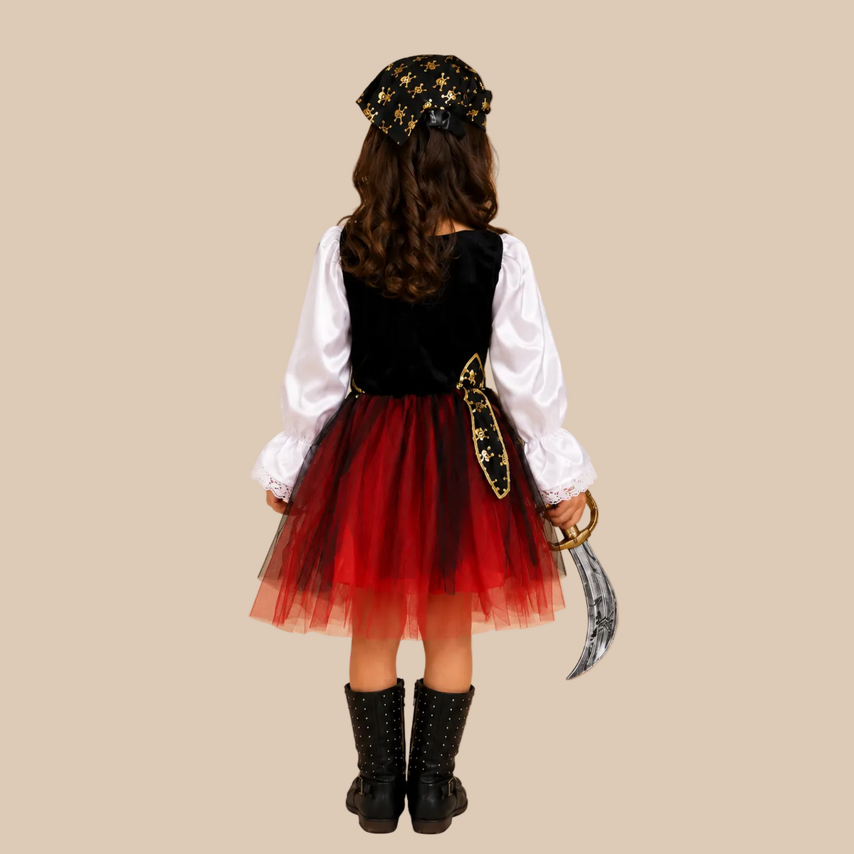 Girl’s pirate dress with red skirt and gold-tone trim, back view