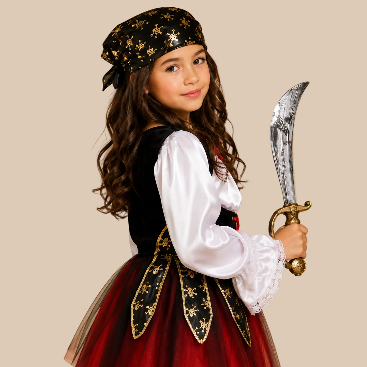 Girl’s pirate dress with red skirt and gold-tone trim, side view
