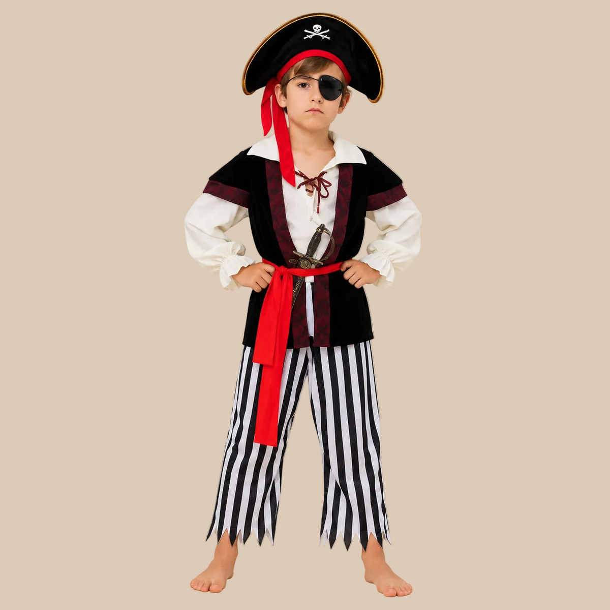 Child’s pirate outfit with striped trousers and a red sash, front view
