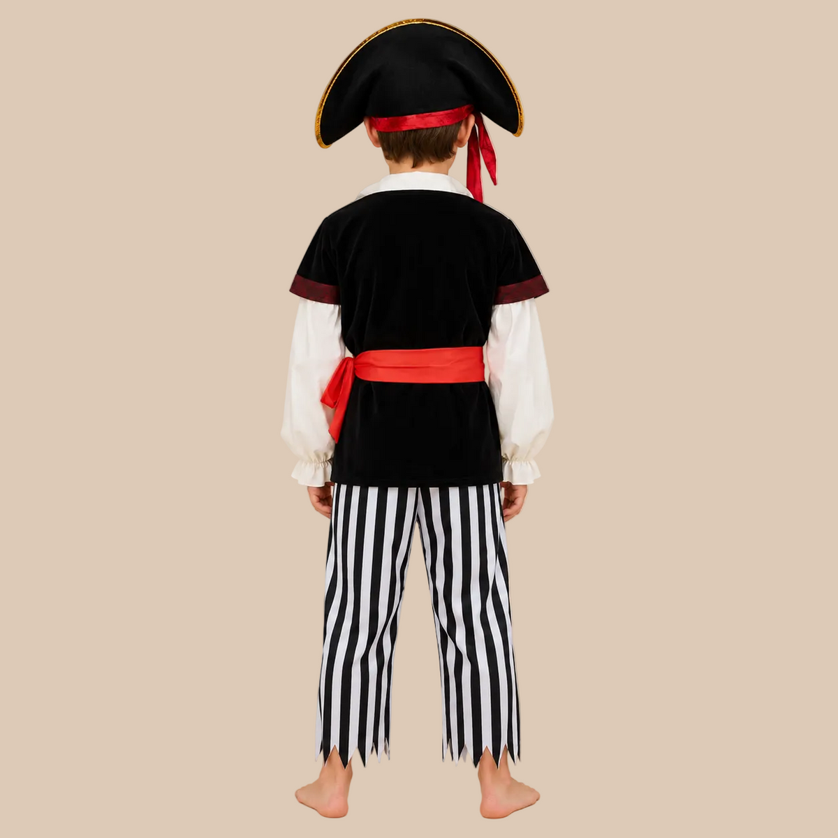 Child’s pirate outfit with striped trousers and a red sash, back view