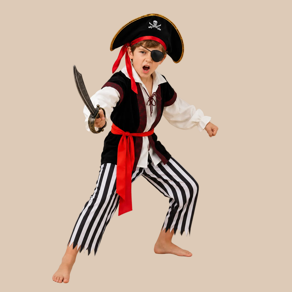 Child’s pirate outfit with striped trousers and a red sash, alternate front view