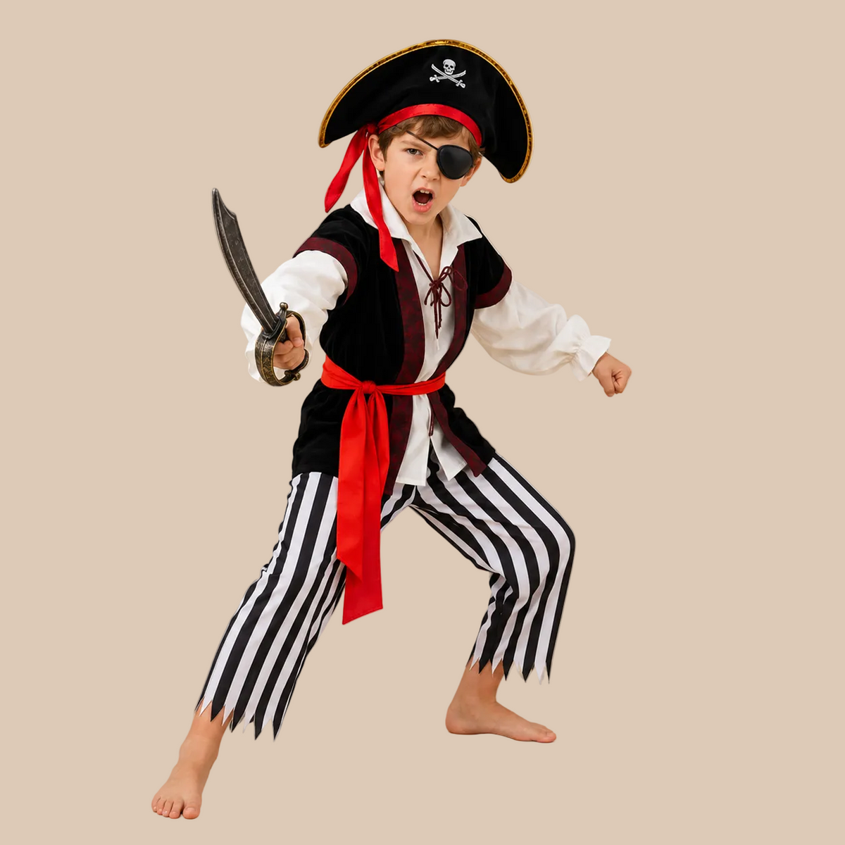 Child’s pirate outfit with striped trousers and a red sash, alternate front view