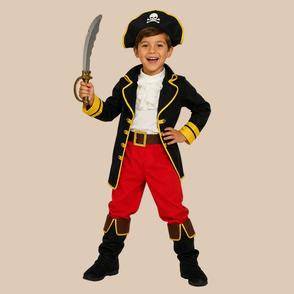 Child’s pirate costume with black jacket and red trousers, front view